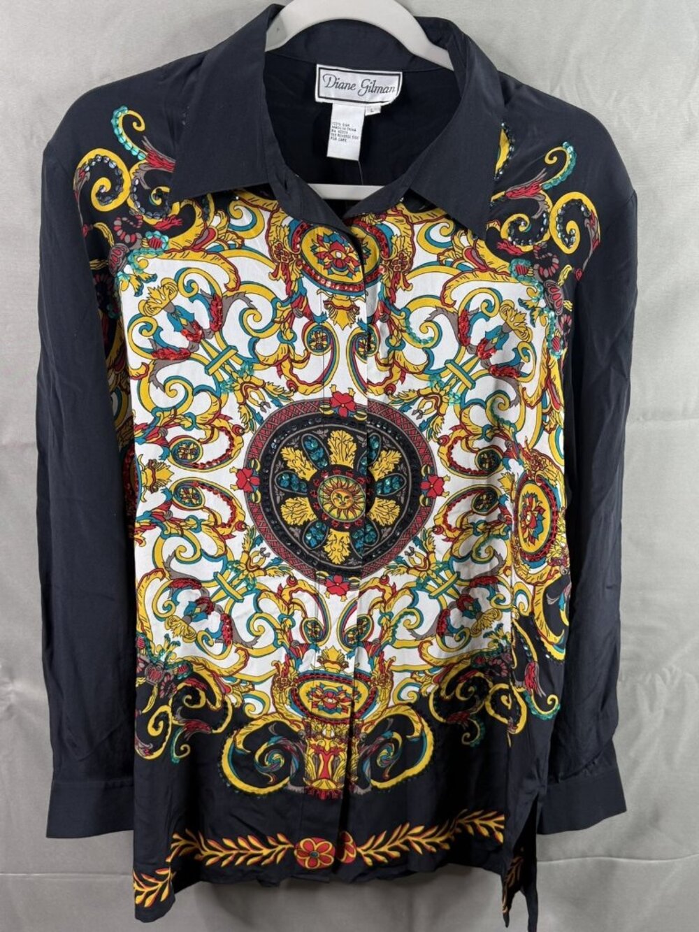 Diane Gilman Silk Shirt Womens Large Black Baroque Scarf Print Sequin Front Top